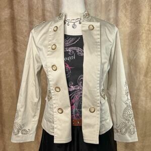 Vintage Boho Beaded Military Jacket 90s Double Breasted Hippie Festival Retro